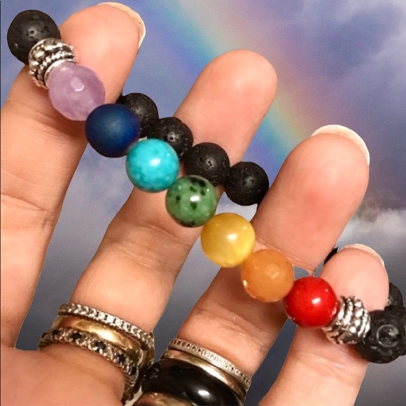 Silverskylight Jewelry - 7 chakra rainbow reiki pride lava rock bracelet